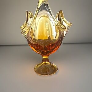 Viking‎ Amber Art Glass Handkerchief Vase Six Petal Pedestal Mid Century 7.75" T